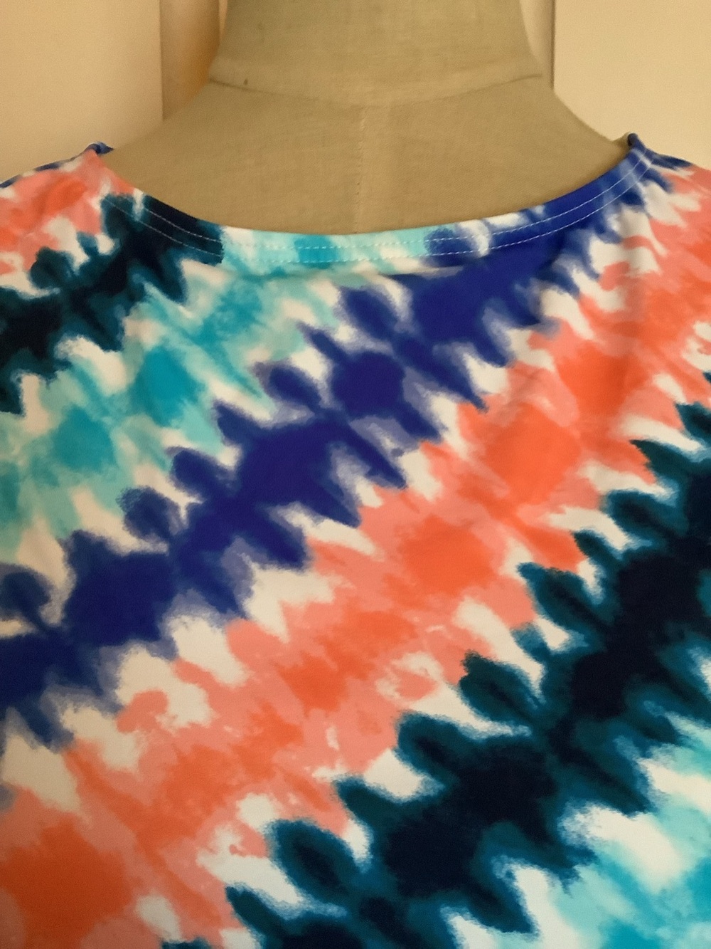 Lands End Tankini Swim Top-Orange Aqua Blue White Diagonal-High Neck-12P-NWOT - Picture 2 of 8